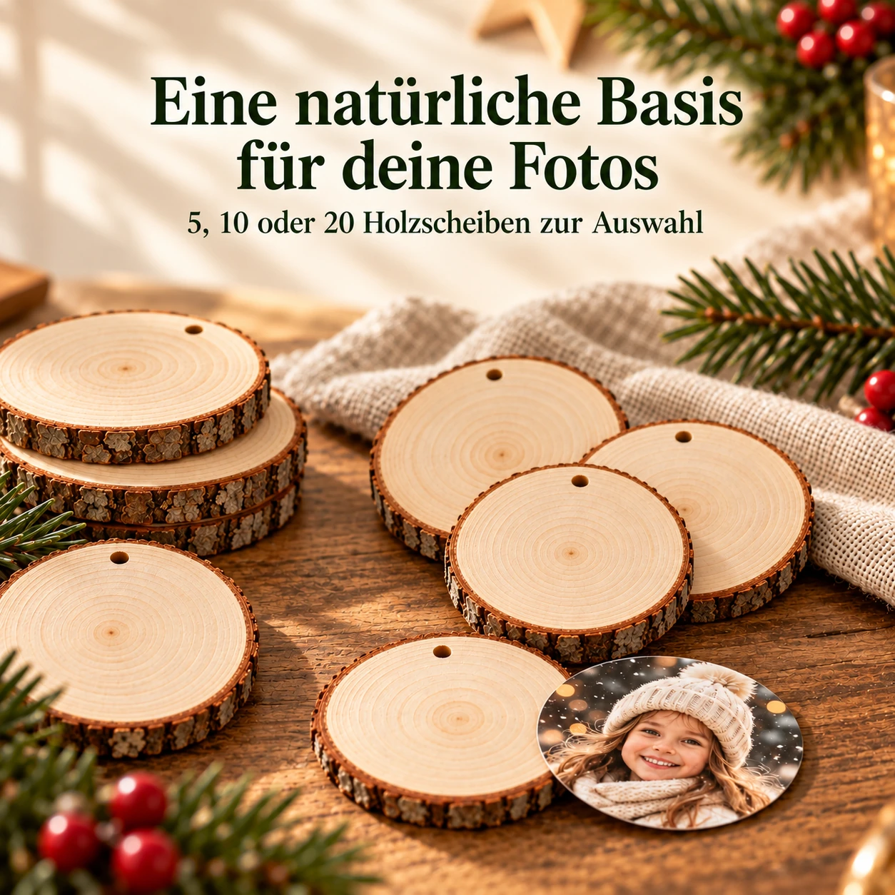Unbedruckte Holzscheiben mit Rindenrand und je einem Aufhängeloch neben einem vorbereiteten runden Foto