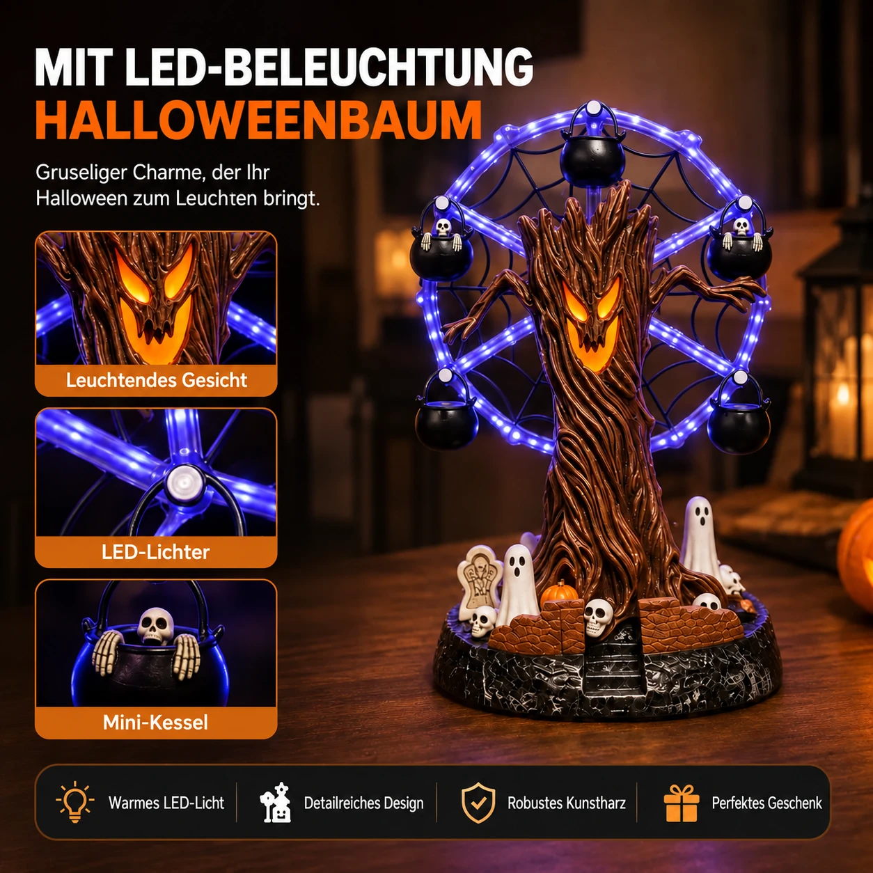 Animierte Halloween-Tischdekoration mit Spukbaum und Riesenrad