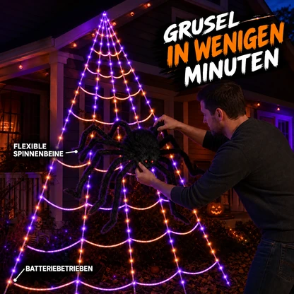 Lila-orange Spinnennetzbeleuchtung mit 250 LEDs und riesiger haariger Spinne