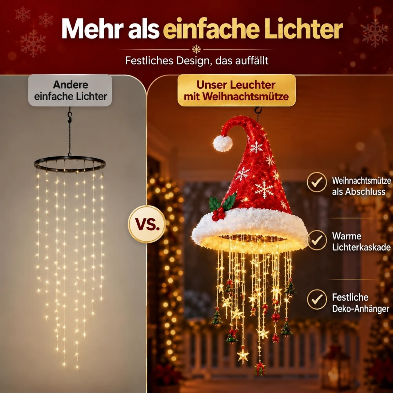 Beleuchteter Weihnachts-Hängeleuchter – Weihnachtsmütze, Baum und Glocken