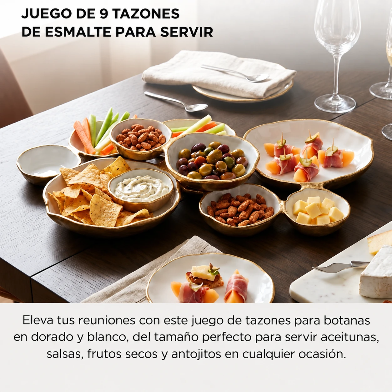 Golden Gathering – charola con 9 tazones | Blanco y dorado