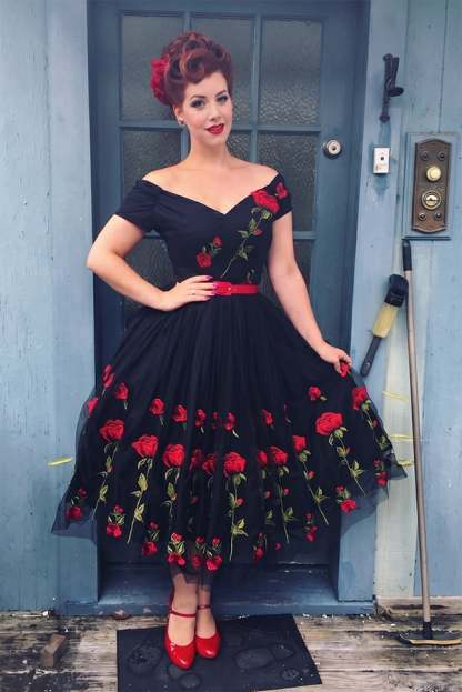 Women’s Vintage Rose Embroidered A-Line Midi Dress(Buy 2 Free Shipping)