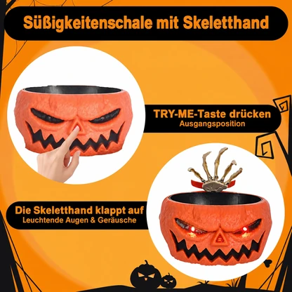Animierte Halloween-Süßigkeitenschale mit Skeletthand, Licht und Ton