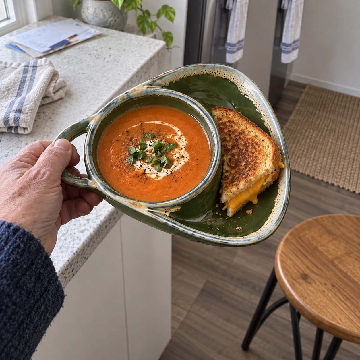 Grøn skål med tomatsuppe og ostetoast