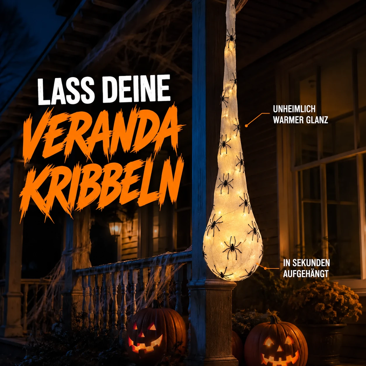 Leuchtender hängender Spinneneisack als Halloween-Dekoration