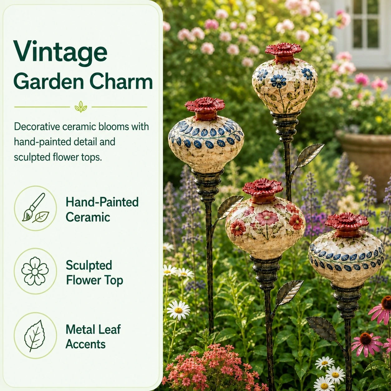 Hand-painted ceramic hummingbird feeder garden stake styled among flowers