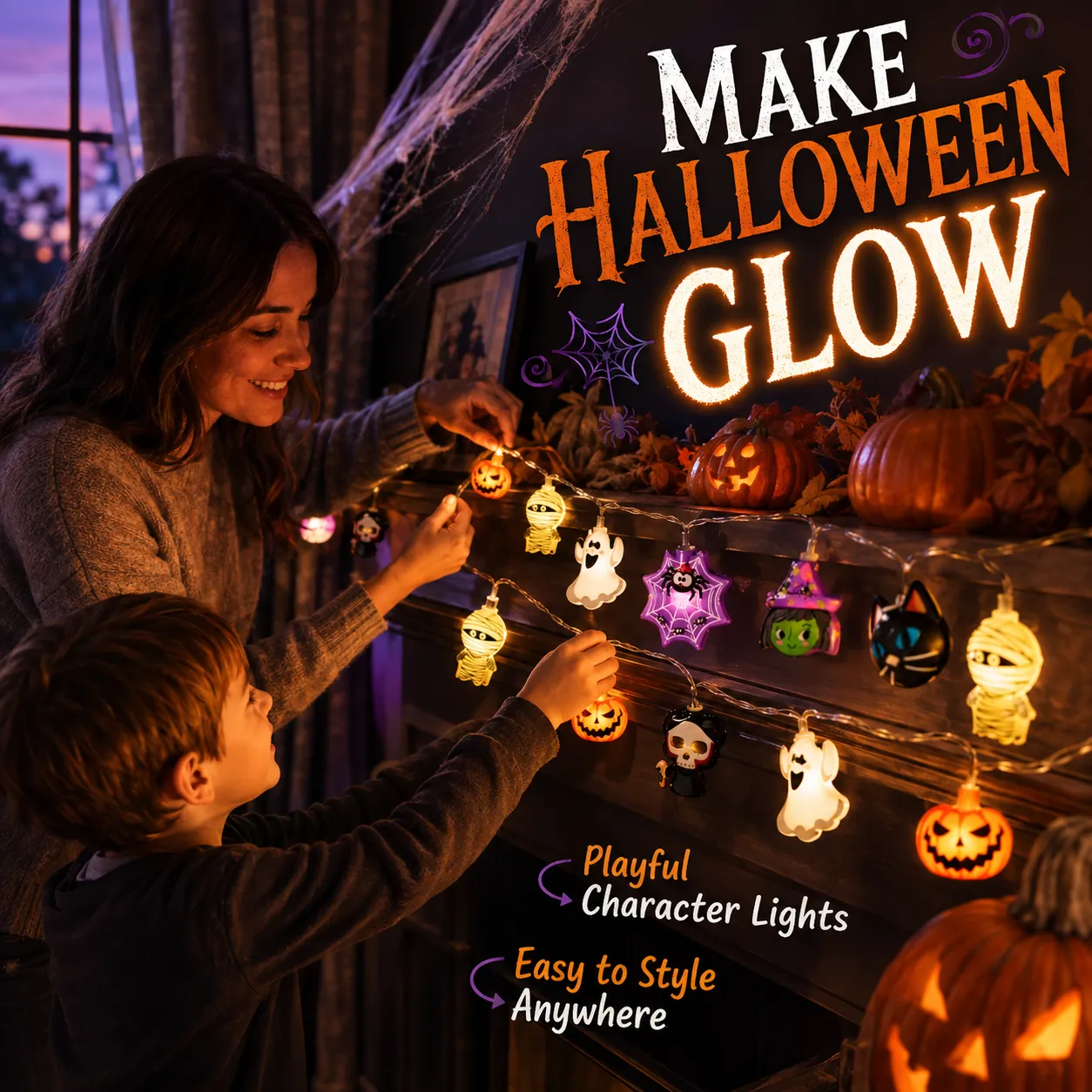 Lysende Halloween-lyskæde med figurer
