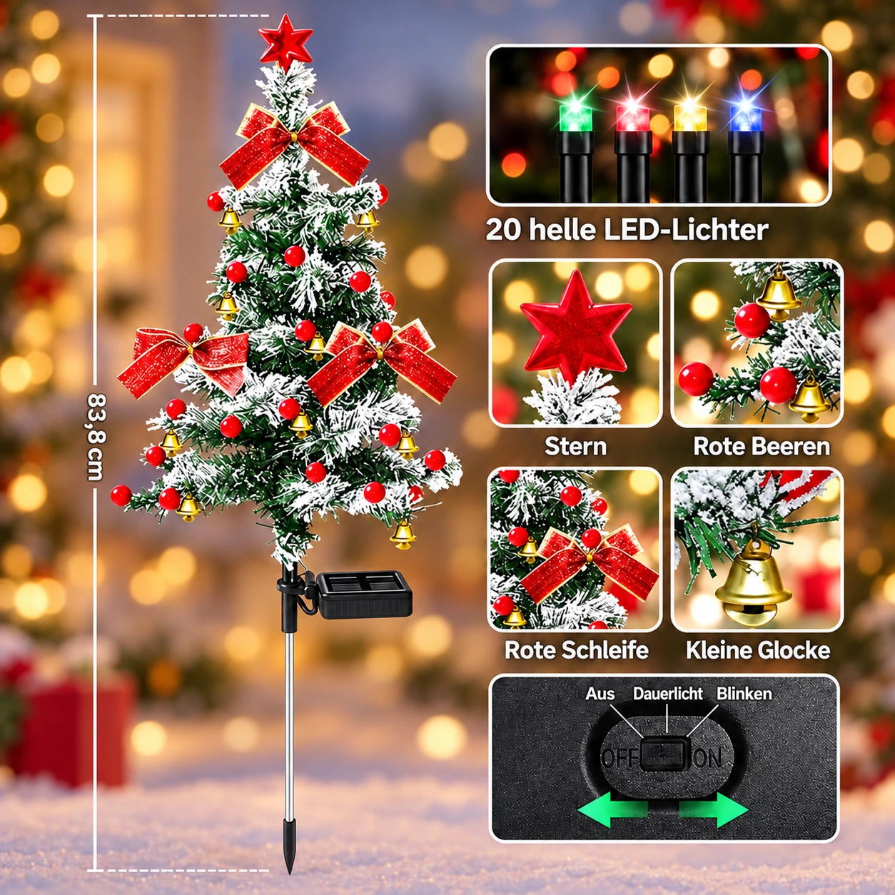 Solar-Gartenstecker mit verschneitem Weihnachtsbaum und bunten LEDs