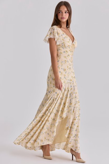 Elegant Floral Lace V-Neck Asymmetrical Dress
