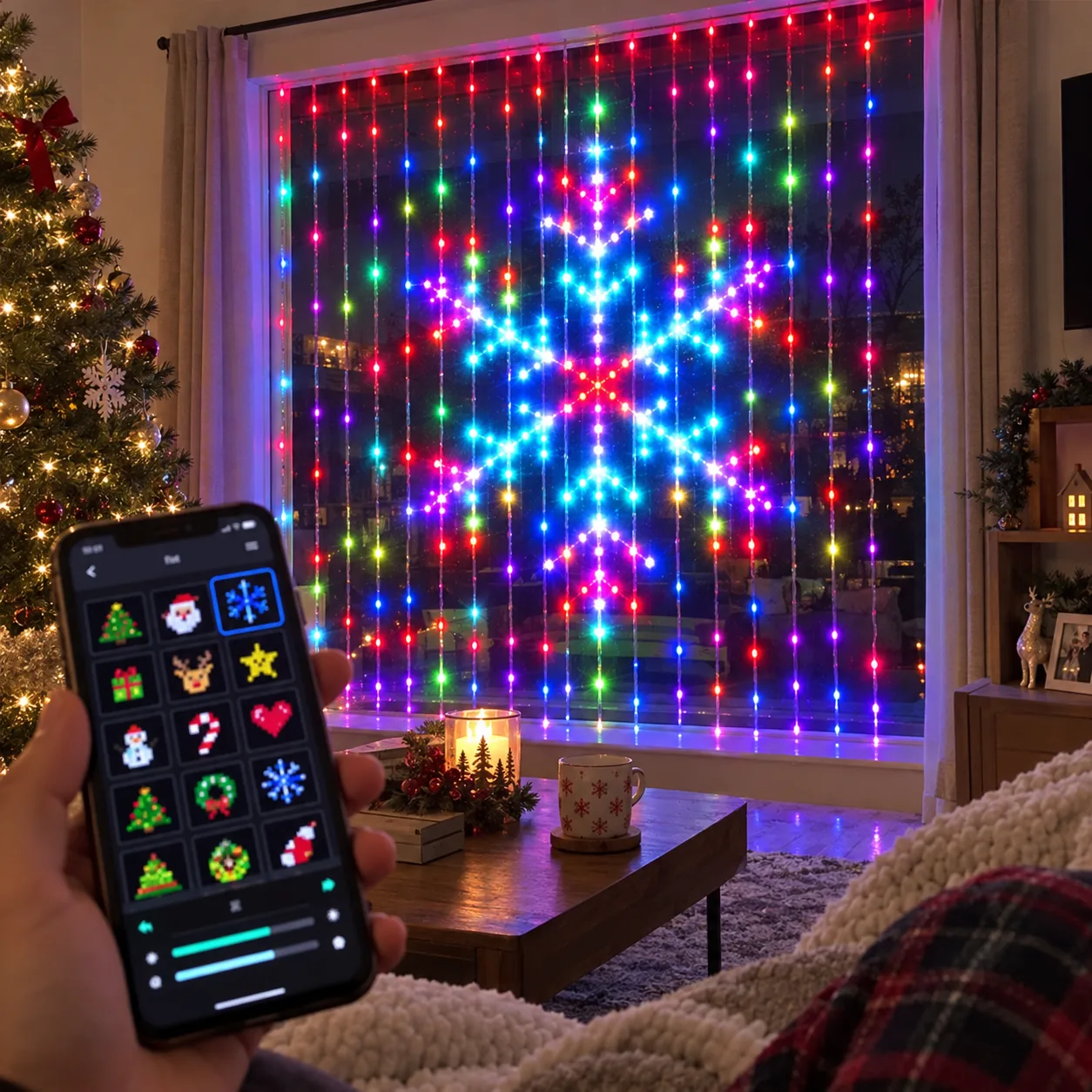 Feestelijk raam met programmeerbare RGB-gordijnlichtjes
