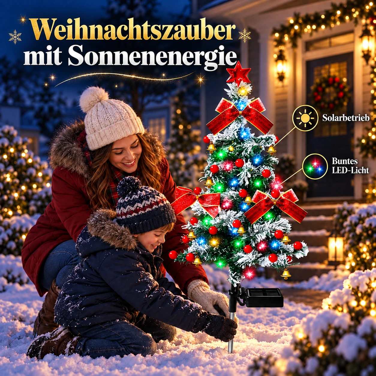 Solar-Gartenstecker mit verschneitem Weihnachtsbaum und bunten LEDs