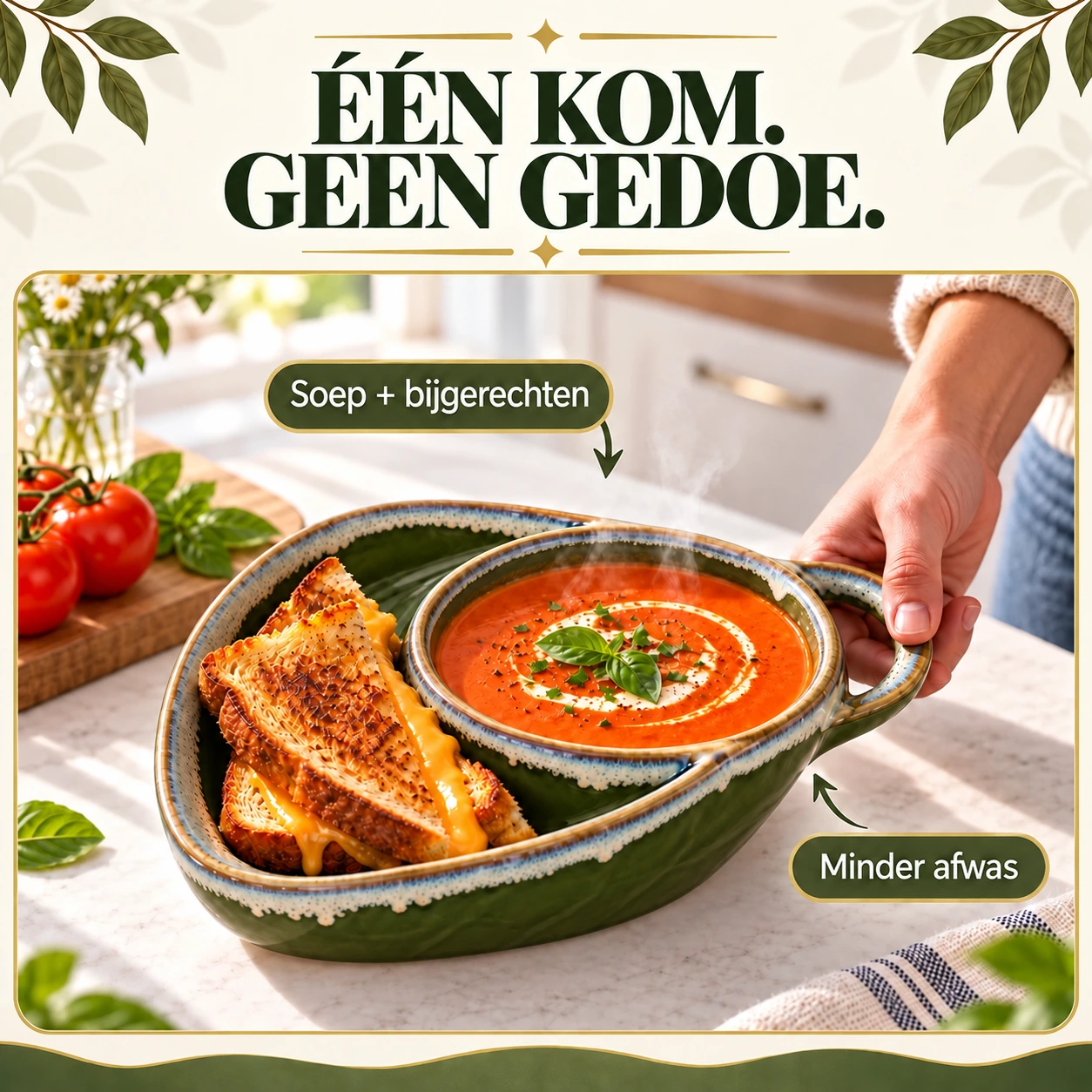 Handgemaakte keramische serveerschaal met vakken en zijhandvat