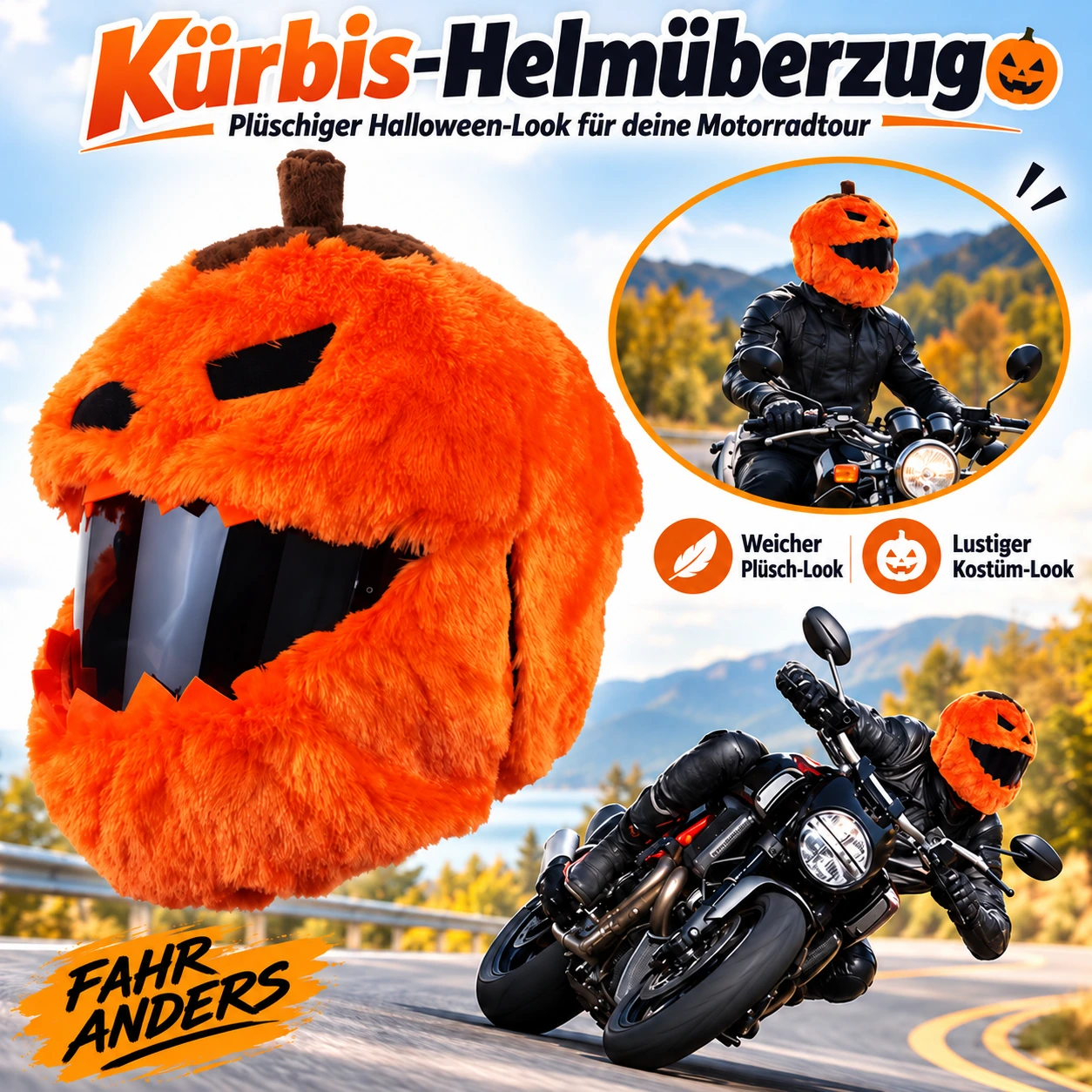 Kürbis-Motorradhelmbezug in herbstlichen Fahrszenen gezeigt
