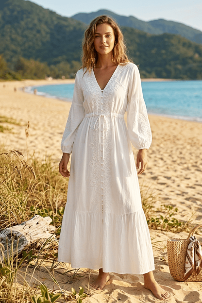 Women’s Retro Embroidered V-Neck Vacation Maxi Dress