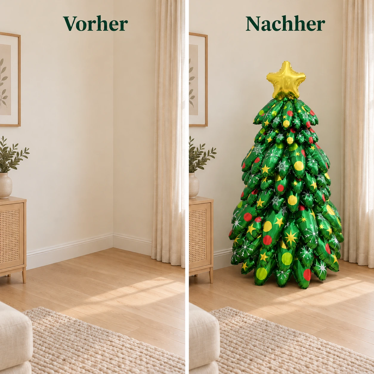 Dieselbe Raumecke vor und nach dem Ergänzen eines Tannenbaum-Ballons