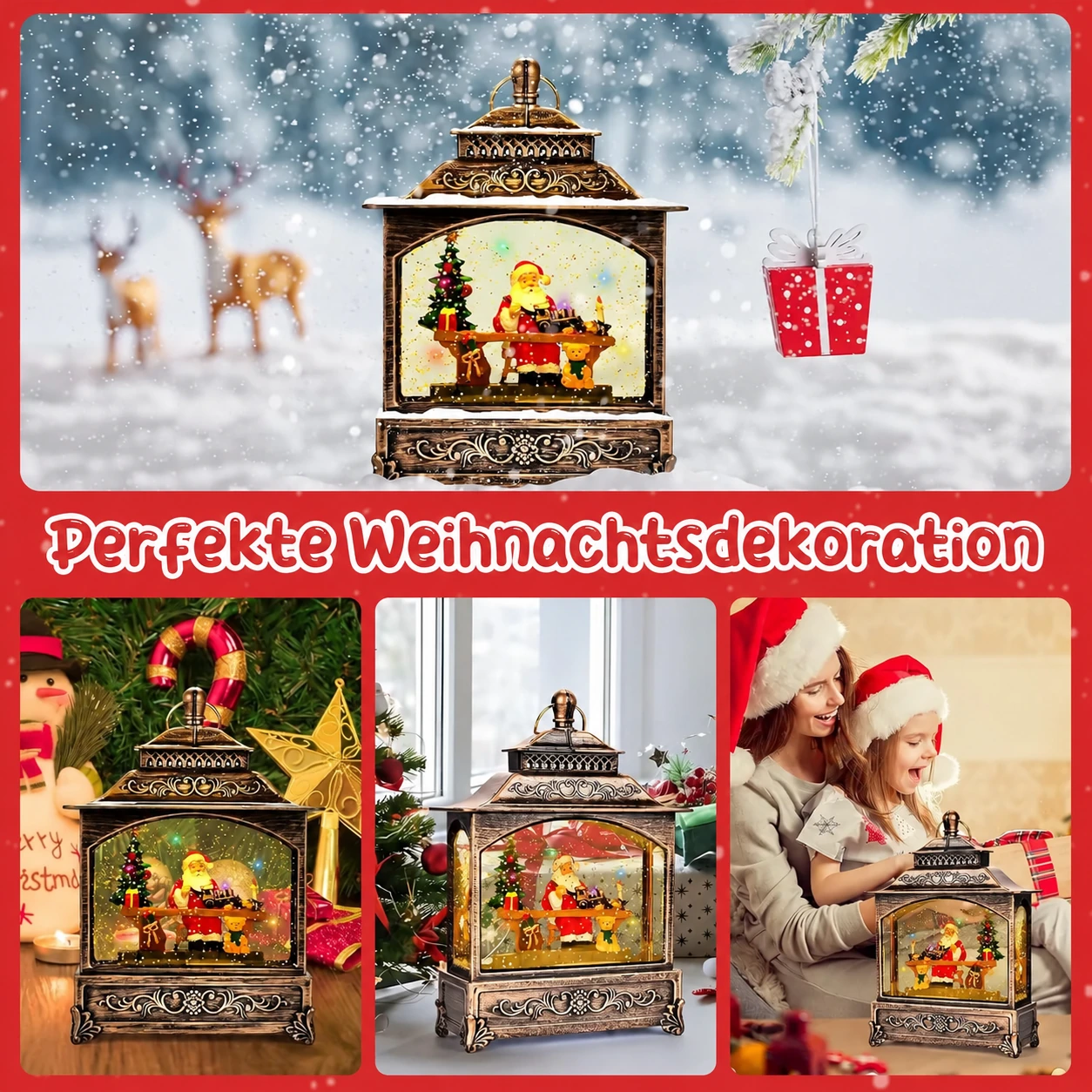 Musikalische Weihnachtslaterne mit wirbelndem Schnee