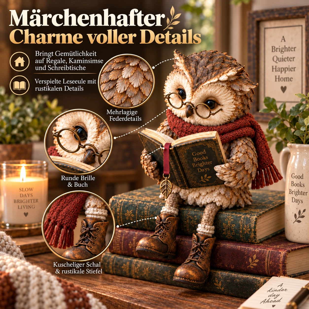 Lesende Weihnachts-Eulenfigur | Märchenhafte Regaldeko