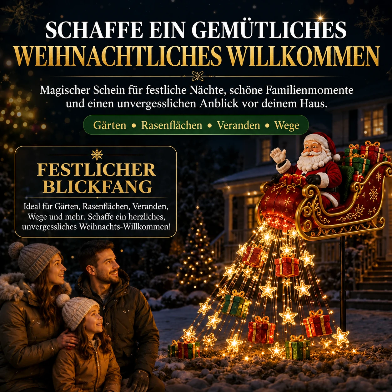 Solar-Gartenlicht mit Weihnachtsmannschlitten und Kaskadenlicht – 17,7 Zoll Weihnachtsdekoration