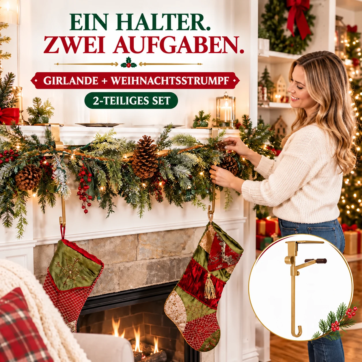 Verstellbare Kaminsims-Halter für Girlanden &amp; Weihnachtsstrümpfe – 2er-Set