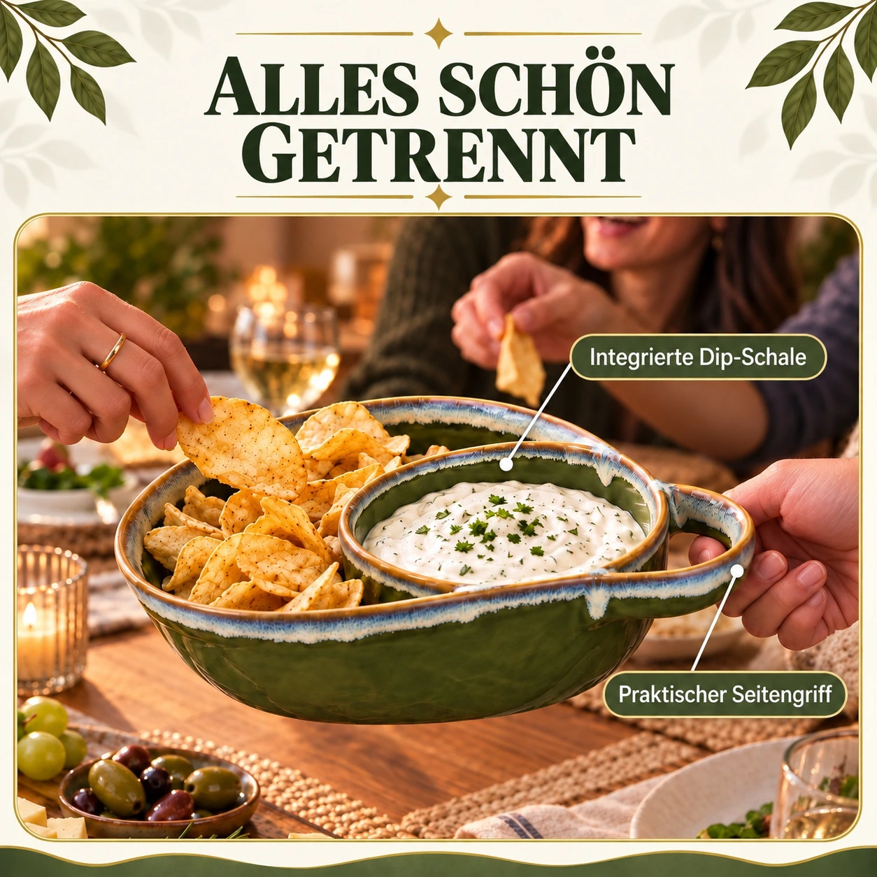 Handgefertigte Keramik-Servierschale mit Unterteilung und Seitengriff