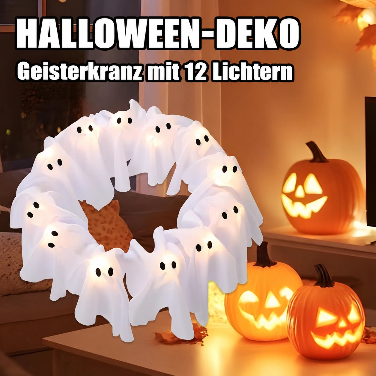 Geisterkranz mit 12 Lichtern – leuchtende Halloween-Türdekoration