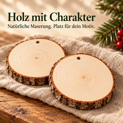 Nahaufnahme natürlicher Holzscheiben mit Rindenrändern, Jahresringen und Aufhängelöchern