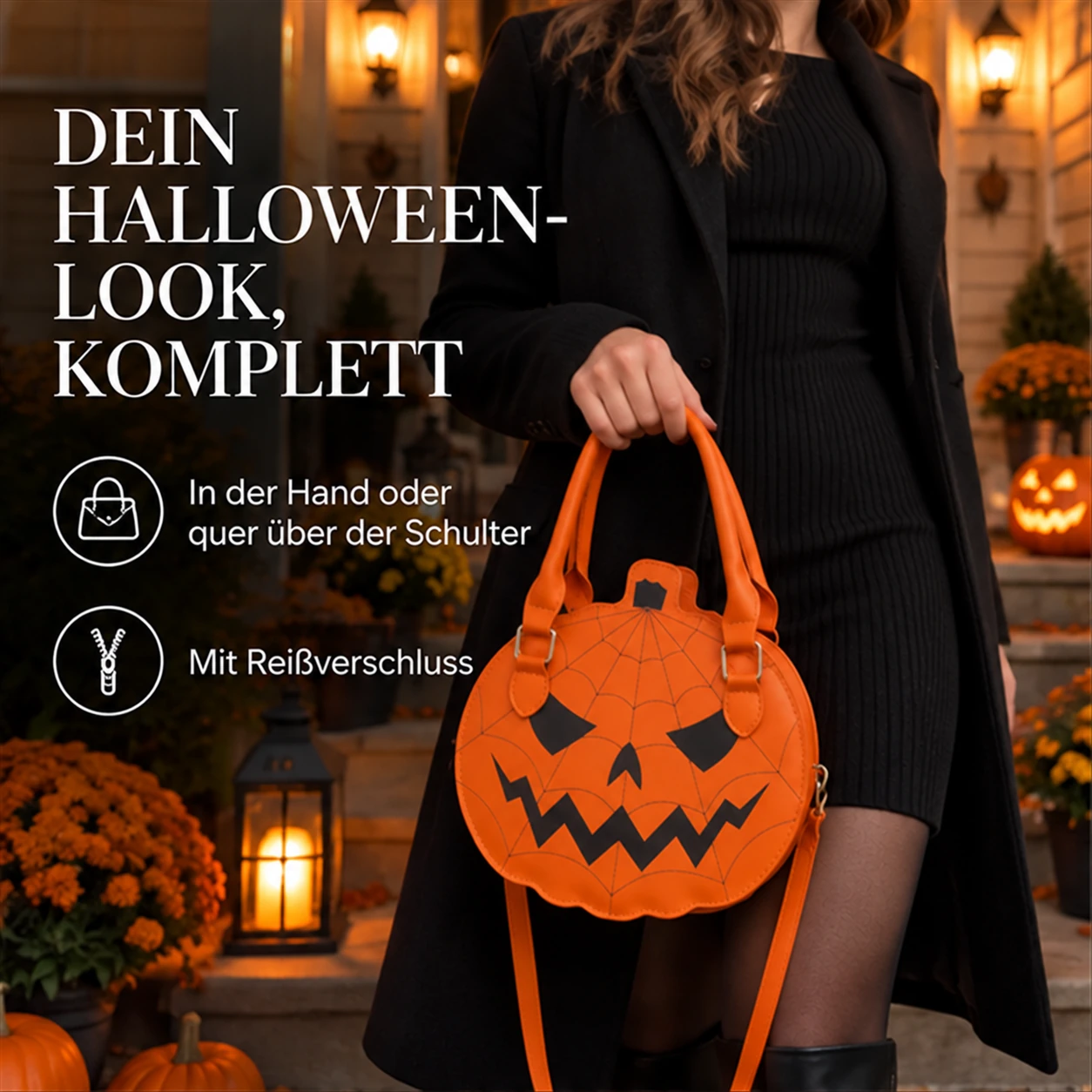Orange Kürbis-Handtasche mit Spinnennetz – Halloween-Umhängetasche
