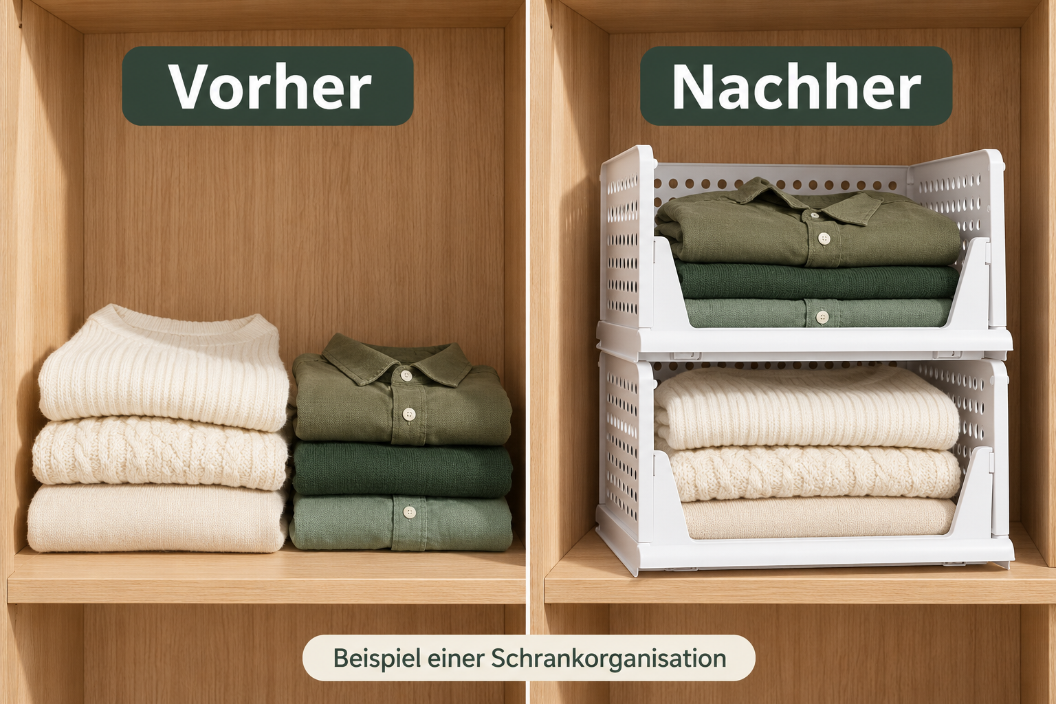 Beispiel einer Schrankorganisation vor und nach dem Sortieren mit zwei Körben