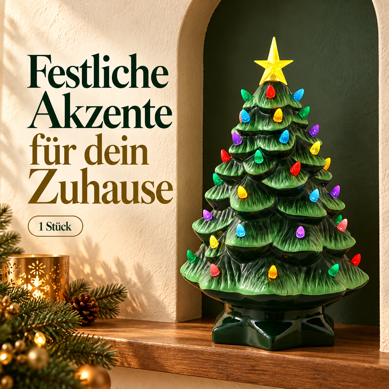 Grüner LED-Weihnachtsbaum mit gelbem Stern und bunten Details in einer Wohnnische
