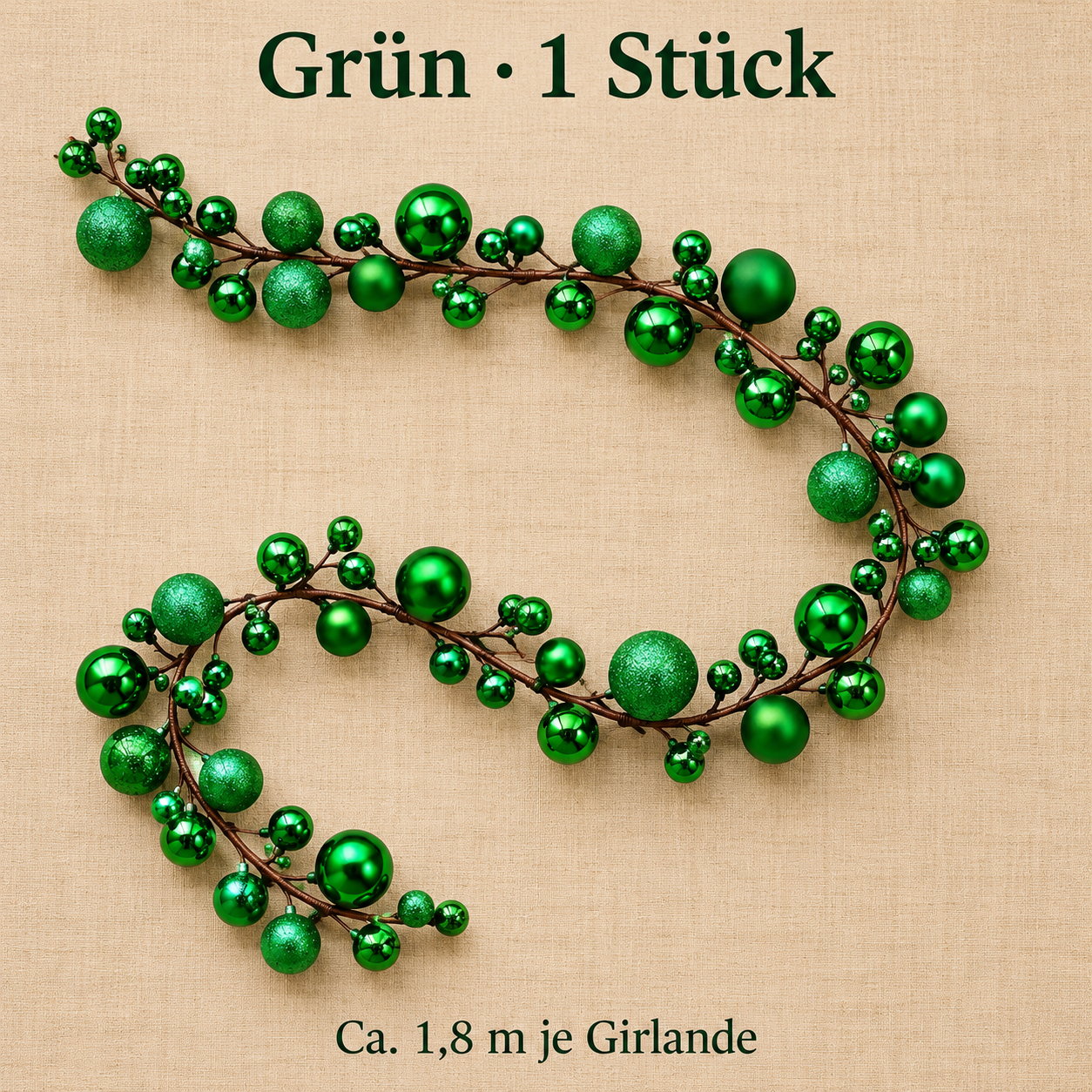 Grün · 1 Stück Kugelgirlande, ca. 1,8 m je Stück