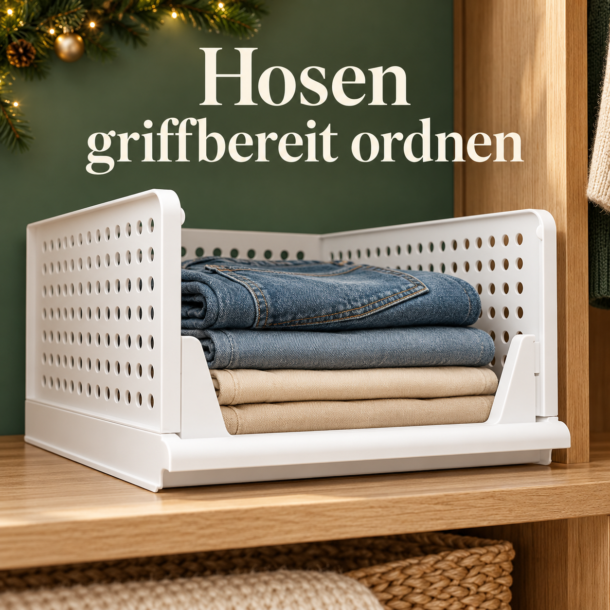 Ein weißer Korb mit gefalteten Hosen im Kleiderschrank