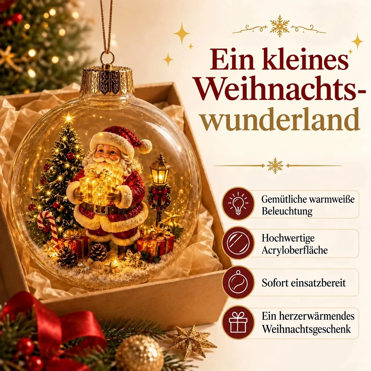 Leuchtendes Weihnachtsmann-Ornament in einer Geschenkbox