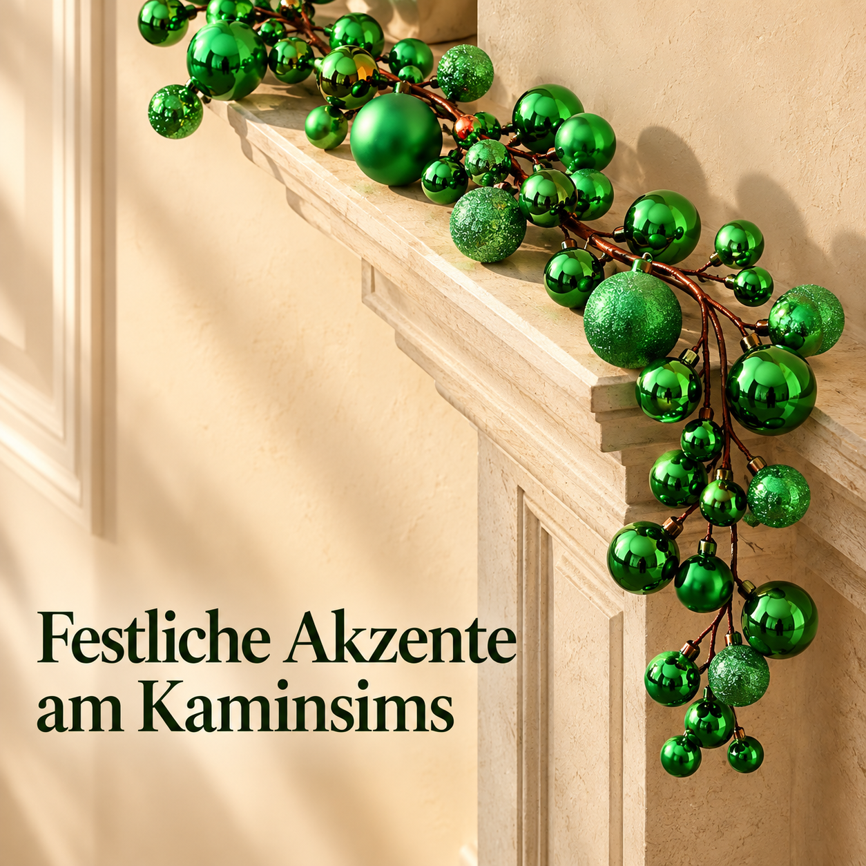Am Kaminsims mit grüner Kugelgirlande