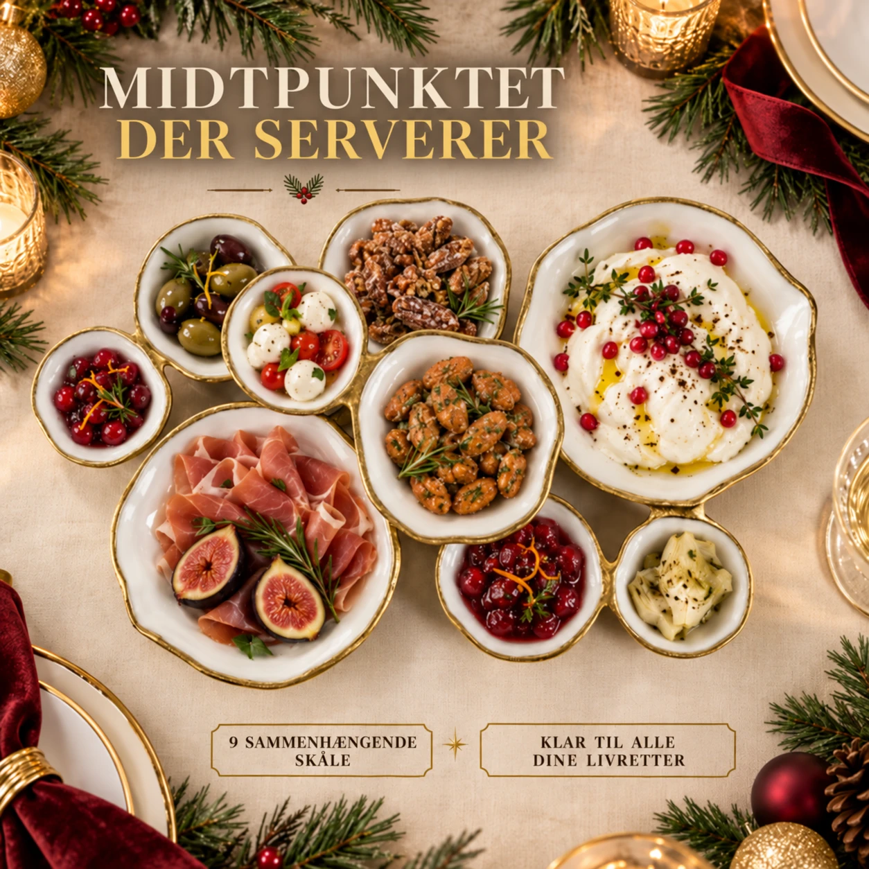 Golden Gathering – serveringsfad med 9 skåle | Hvid &amp; guld