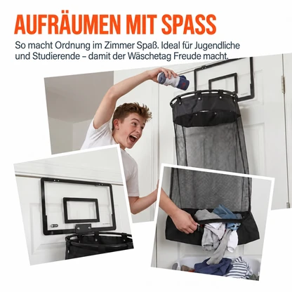 Weihnachtlicher Wäschekorb mit Basketballkorb zum Einhängen über der Tür
