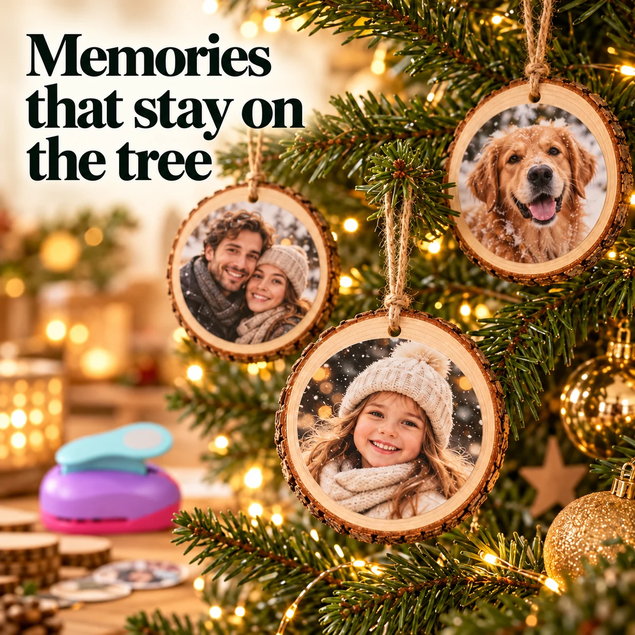 Round photos mounted on wooden discs and hung with cord as personal Christmas-tree ornaments