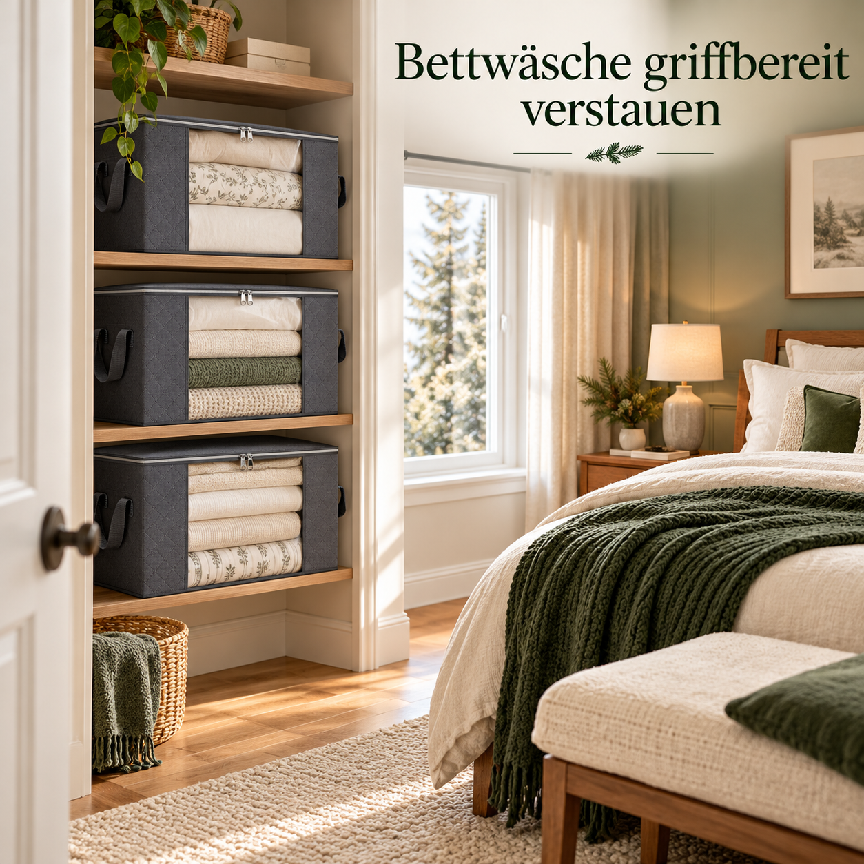 Graue Aufbewahrungstaschen mit Bettwäsche im Gästezimmer