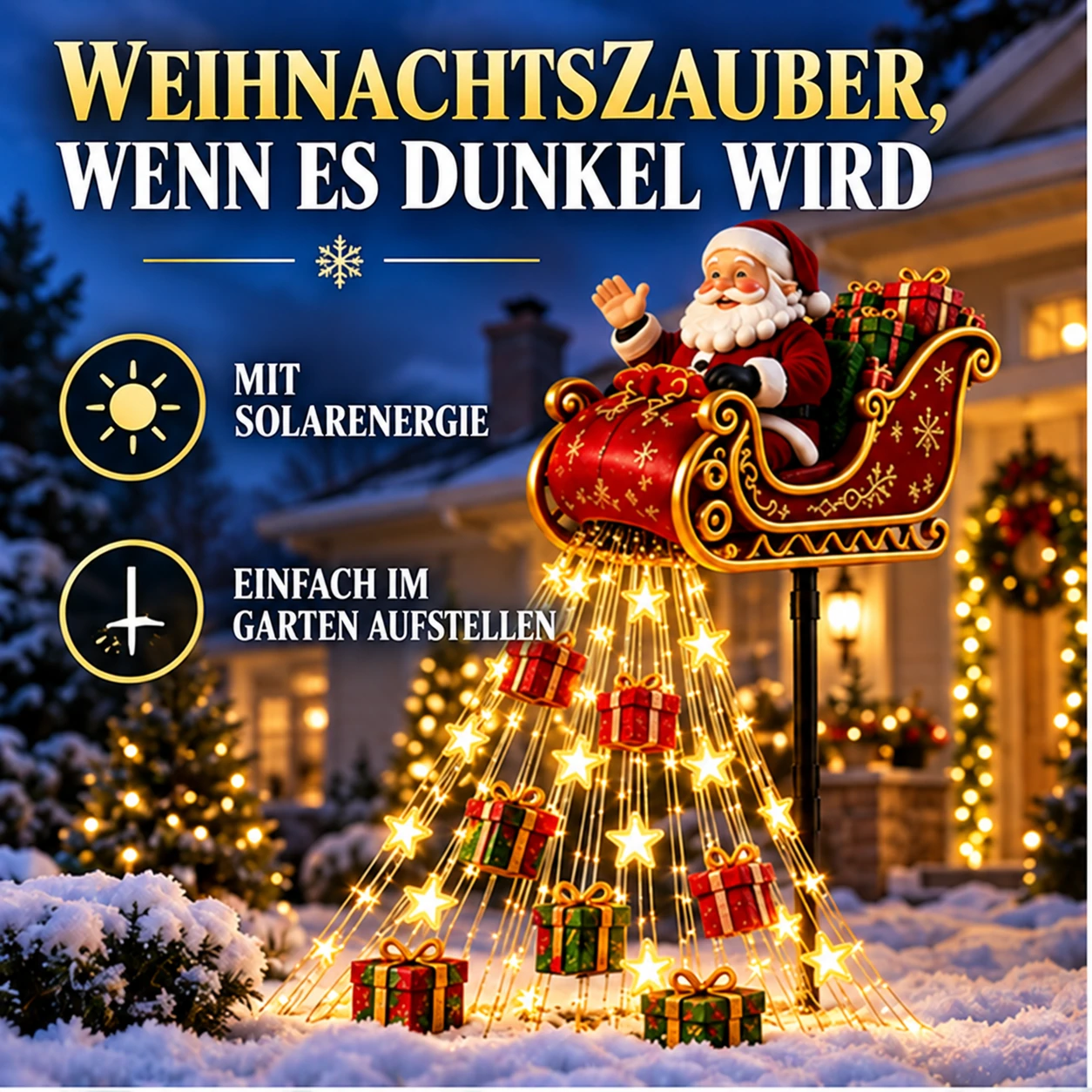 Solar-Gartenlicht mit Weihnachtsmannschlitten und Kaskadenlicht – 17,7 Zoll Weihnachtsdekoration