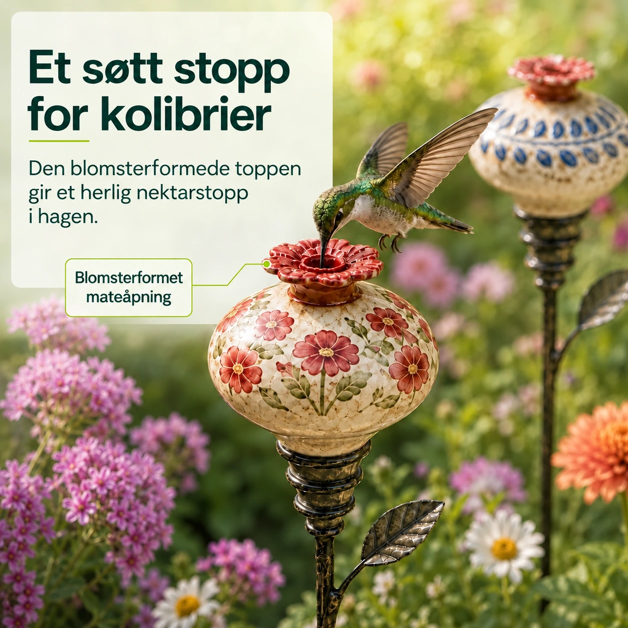 Håndmalt kolibrimater i keramikk på hagepinne
