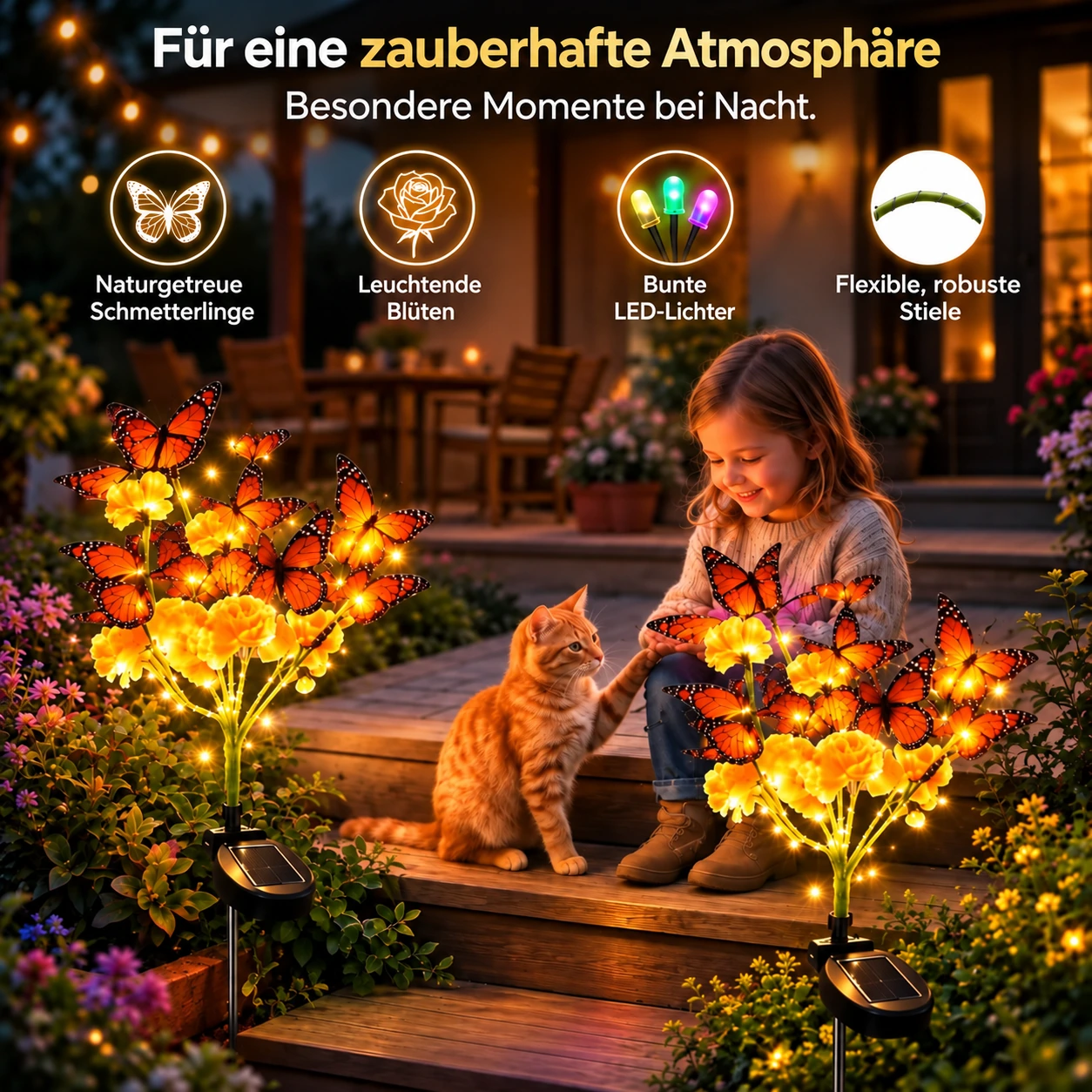 Solar-Gartenleuchte mit Tagetes und Schmetterling – Halloween- und Día-de-Muertos-Deko