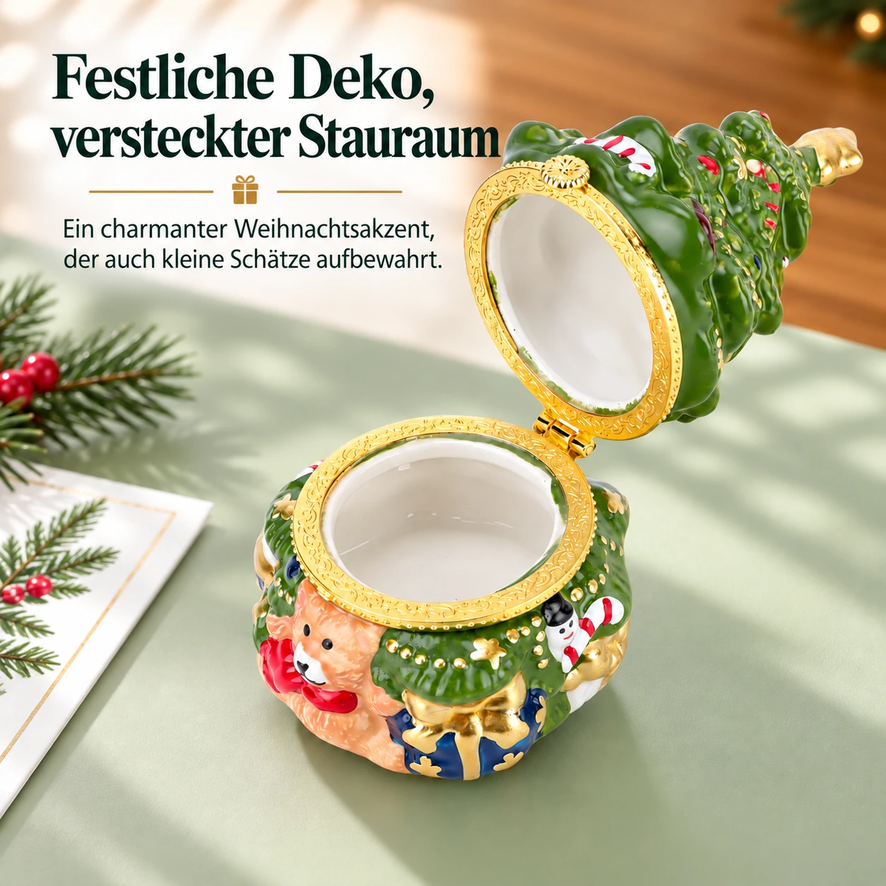 Weihnachtsbaum-Wunschbox mit Duftkerze im Keramikgefäß