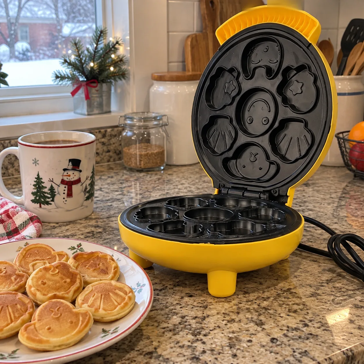 Yellow pancake maker on a winter kitchen counter