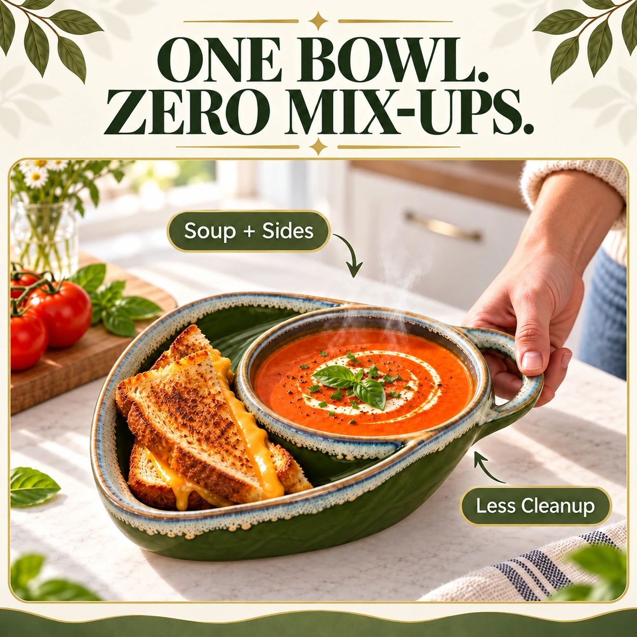 🥣 Handcrafted Divided Ceramic Serving Bowl with Side Handle 🔥