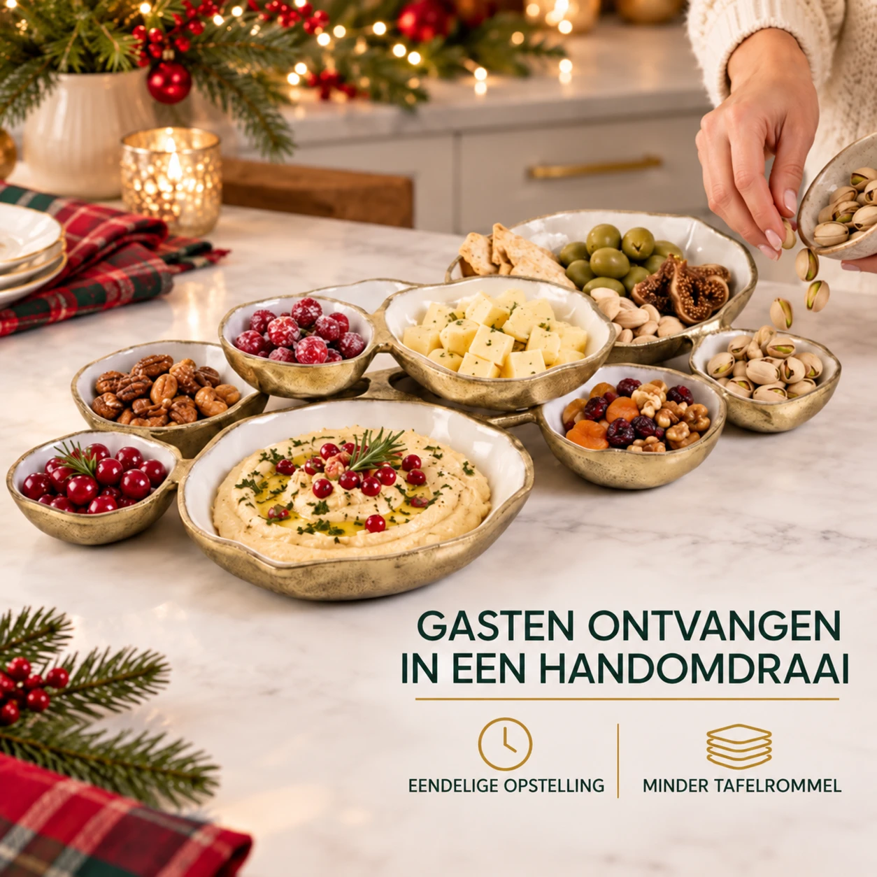 Golden Gathering – serveerschaal met 9 kommetjes | Wit &amp; goud