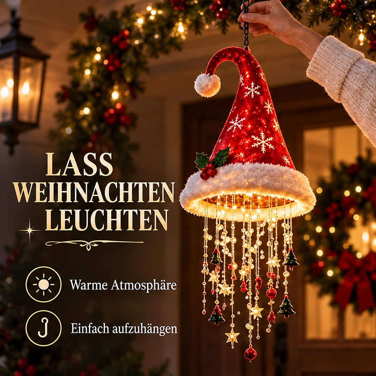 Beleuchteter Weihnachts-Hängeleuchter – Weihnachtsmütze, Baum und Glocken
