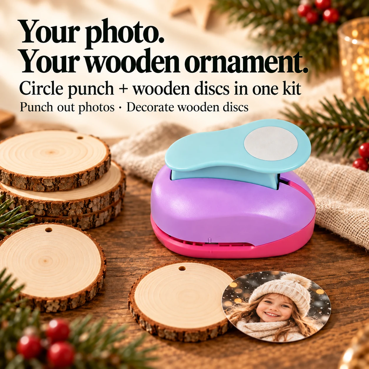 Photo Ornament Craft Kit with Circle Punch & Wooden Discs