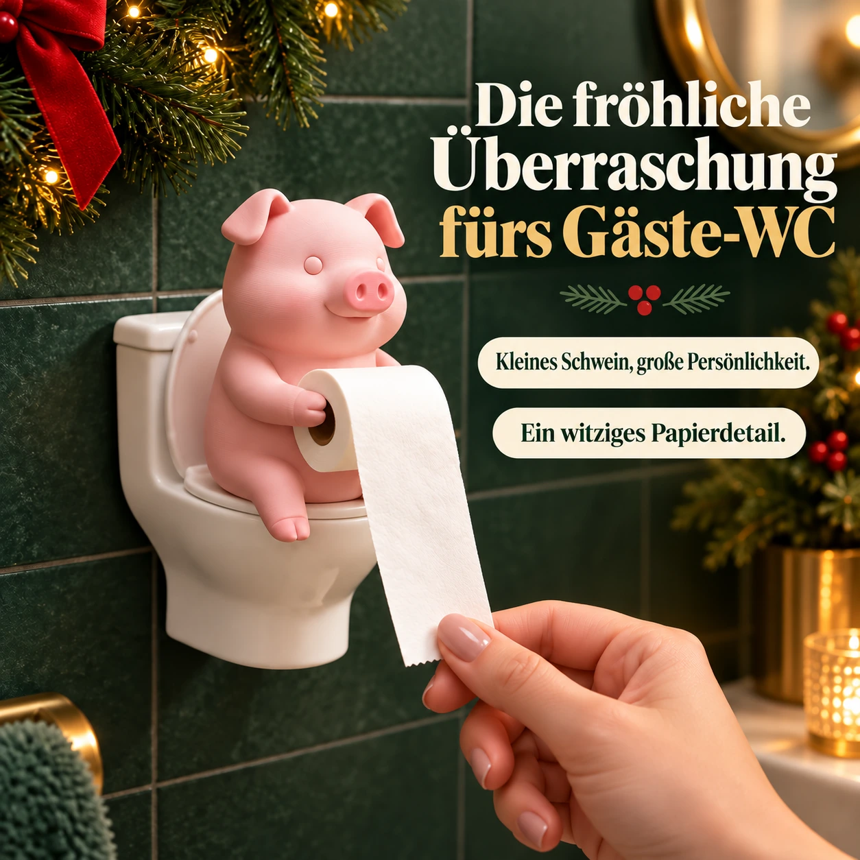 Lustige Schweinefigur auf der Toilette – weihnachtlicher Badakzent