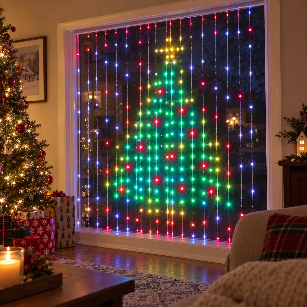 Feestelijk raam met programmeerbare RGB-gordijnlichtjes