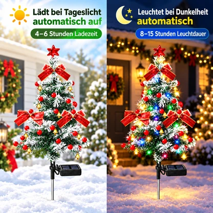 Solar-Gartenstecker mit verschneitem Weihnachtsbaum und bunten LEDs