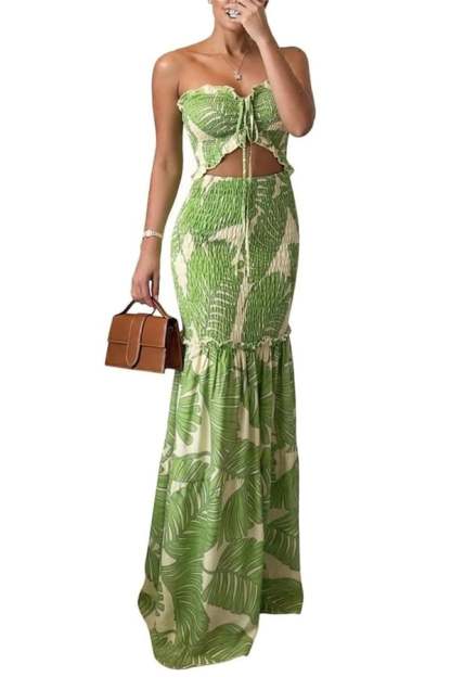Strapless Leaf Print Maxi Dress
